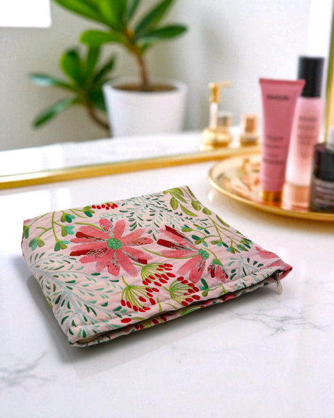 Floraison 刺繡花卉收納包｜粉薊花