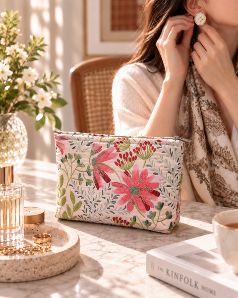 Floraison 刺繡化妝包｜粉薊花